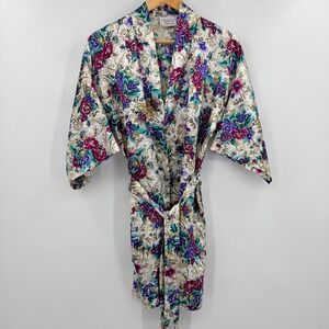 Vintage California Dynasty Floral Satin Robe Kimono Short Wrap Multicolor Medium